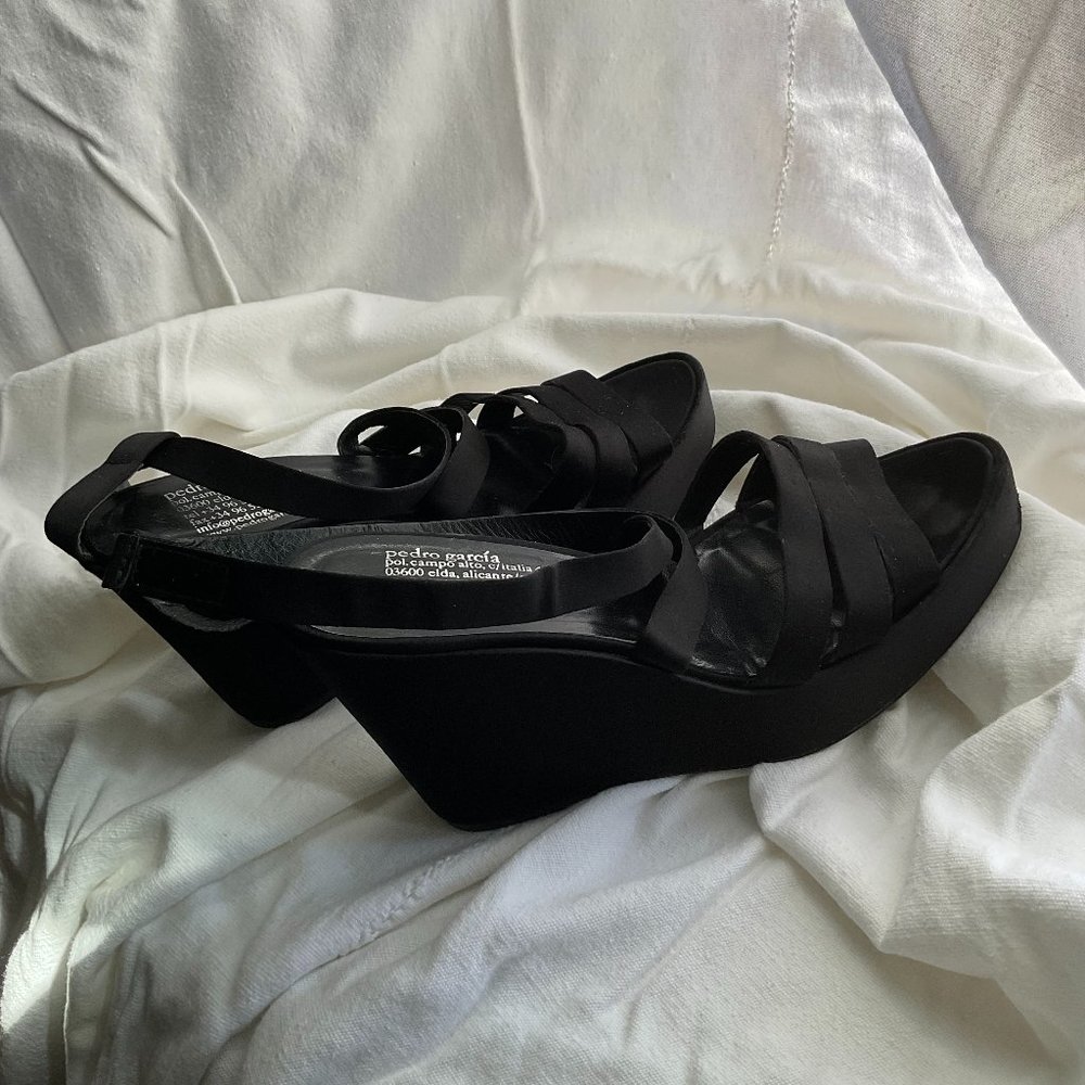 Pedro Garcia Black Satin Platform Strappy Sandals